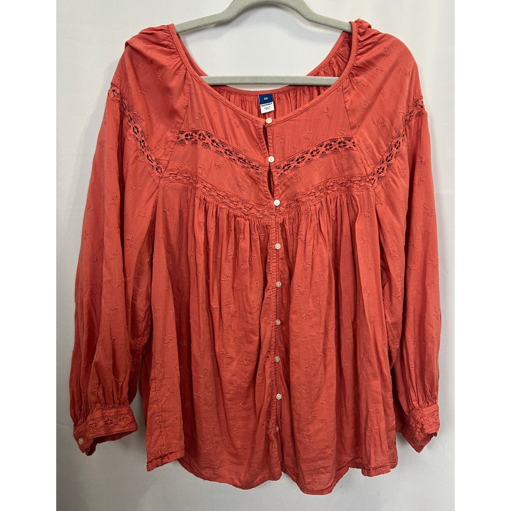 Old Navy Coral Orange Eyelet Lace Boho Peasant Blouse Top Plus Size 2X